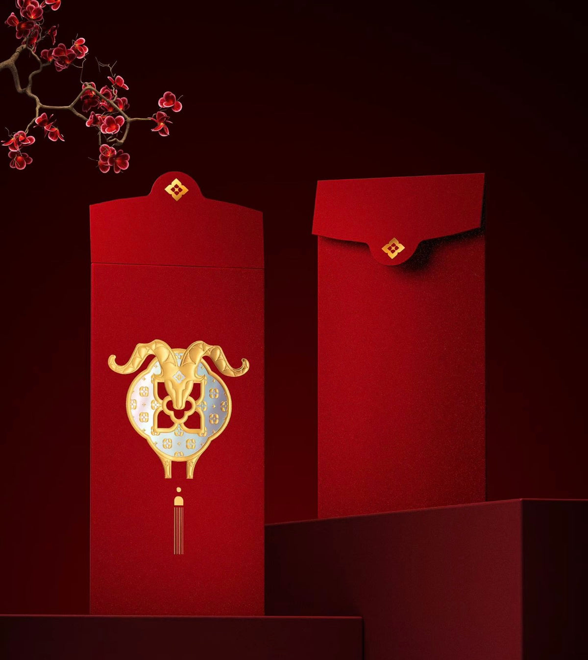 Custom (Add Logo & Text) High-end 20 Boxes Embossed Gold Foil Red Envelopes Chinese New Year of the Goat Lucky Money Packets