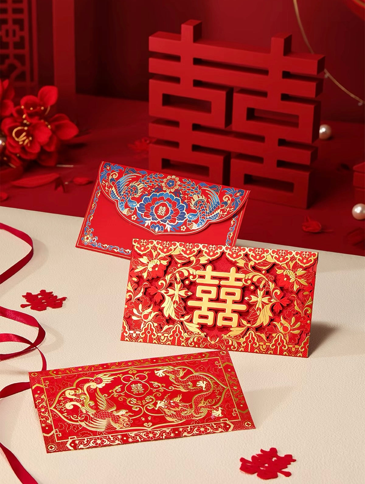 Pack of 2pcs Embossed Gold Foil Red Envelopes New Year | Wedding | Lucky Money Gift Packet