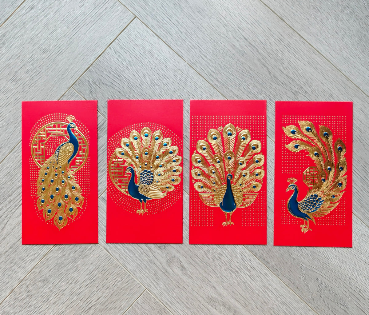 Pack of 16pcs Gold Foil The Regal Peacock Design Concept Red Envelope can be Customized New Year Lucky Money Gift Packet