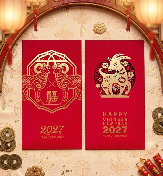 2027 Year of The Goat Gold Foil Red Envelopes Lucky Money Gift Packet for New Year | Wedding | Party | Events