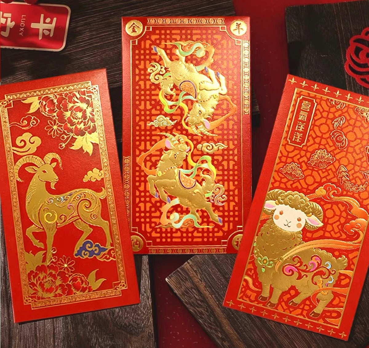 Pack of 12pcs 2027 Year of the Goat Red Envelopes Gold Foil Lucky Money Gift Packet can be Customized (Add Logo & Text)