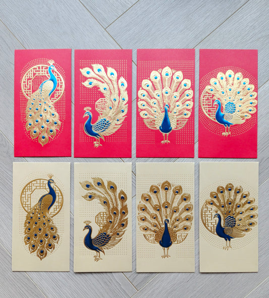 Pack of 16pcs Gold Foil The Regal Peacock Design Concept Red Envelope can be Customized New Year Lucky Money Gift Packet