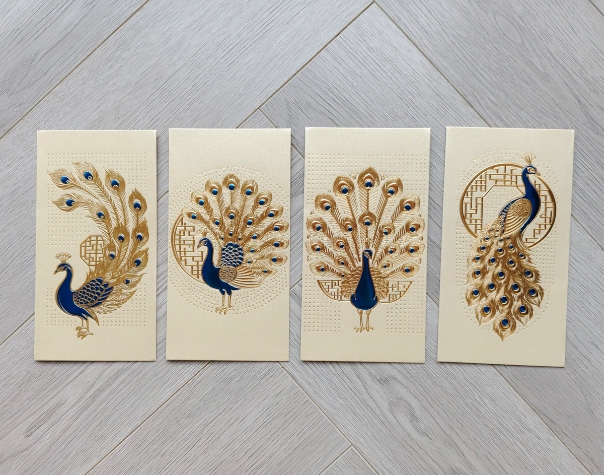 Pack of 16pcs Gold Foil The Regal Peacock Design Concept Red Envelope can be Customized New Year Lucky Money Gift Packet