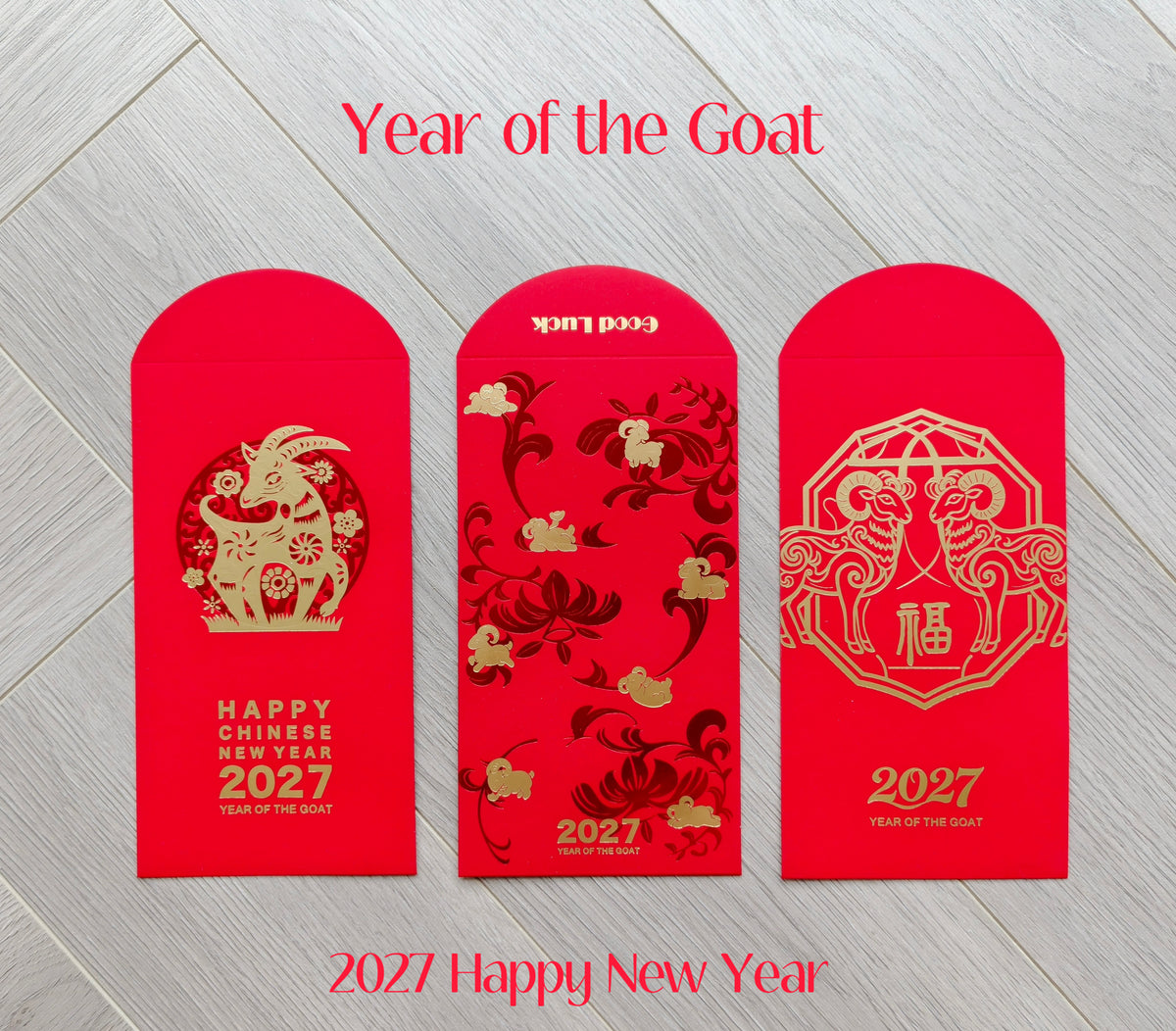 2027 Year of The Goat Gold Foil Red Envelopes Lucky Money Gift Packet for New Year | Wedding | Party | Events