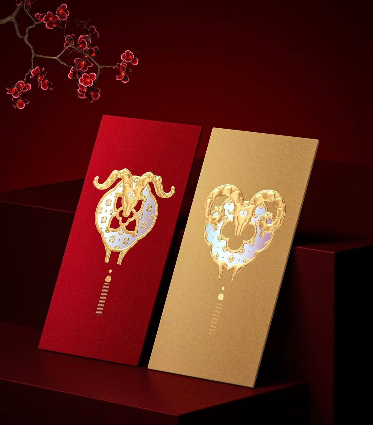 Custom (Add Logo & Text) High-end 20 Boxes Embossed Gold Foil Red Envelopes Chinese New Year of the Goat Lucky Money Packets