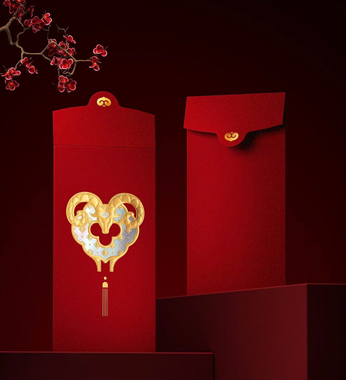 Custom (Add Logo & Text) High-end 20 Boxes Embossed Gold Foil Red Envelopes Chinese New Year of the Goat Lucky Money Packets