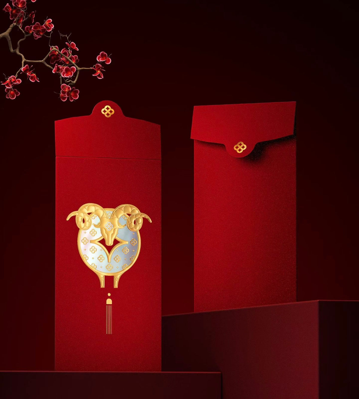 Custom (Add Logo & Text) High-end 20 Boxes Embossed Gold Foil Red Envelopes Chinese New Year of the Goat Lucky Money Packets