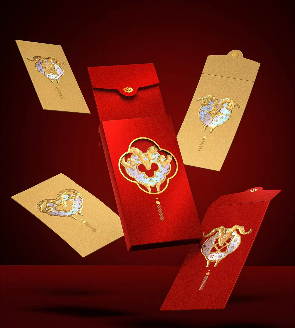 Custom (Add Logo & Text) High-end 20 Boxes Embossed Gold Foil Red Envelopes Chinese New Year of the Goat Lucky Money Packets