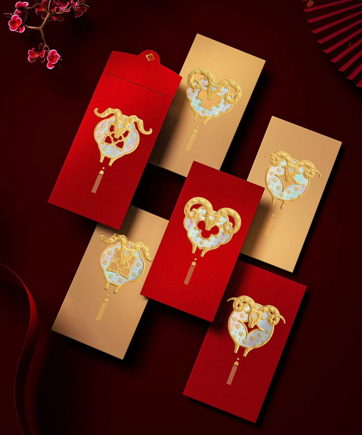 Custom (Add Logo & Text) High-end 20 Boxes Embossed Gold Foil Red Envelopes Chinese New Year of the Goat Lucky Money Packets