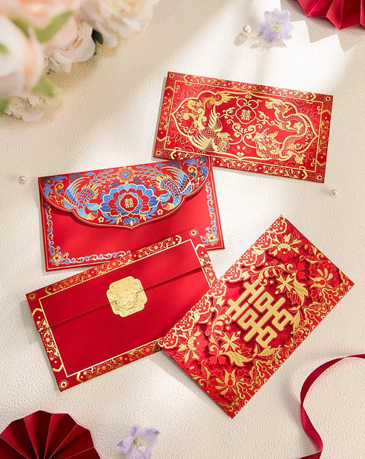 Pack of 2pcs Embossed Gold Foil Red Envelopes New Year | Wedding | Lucky Money Gift Packet