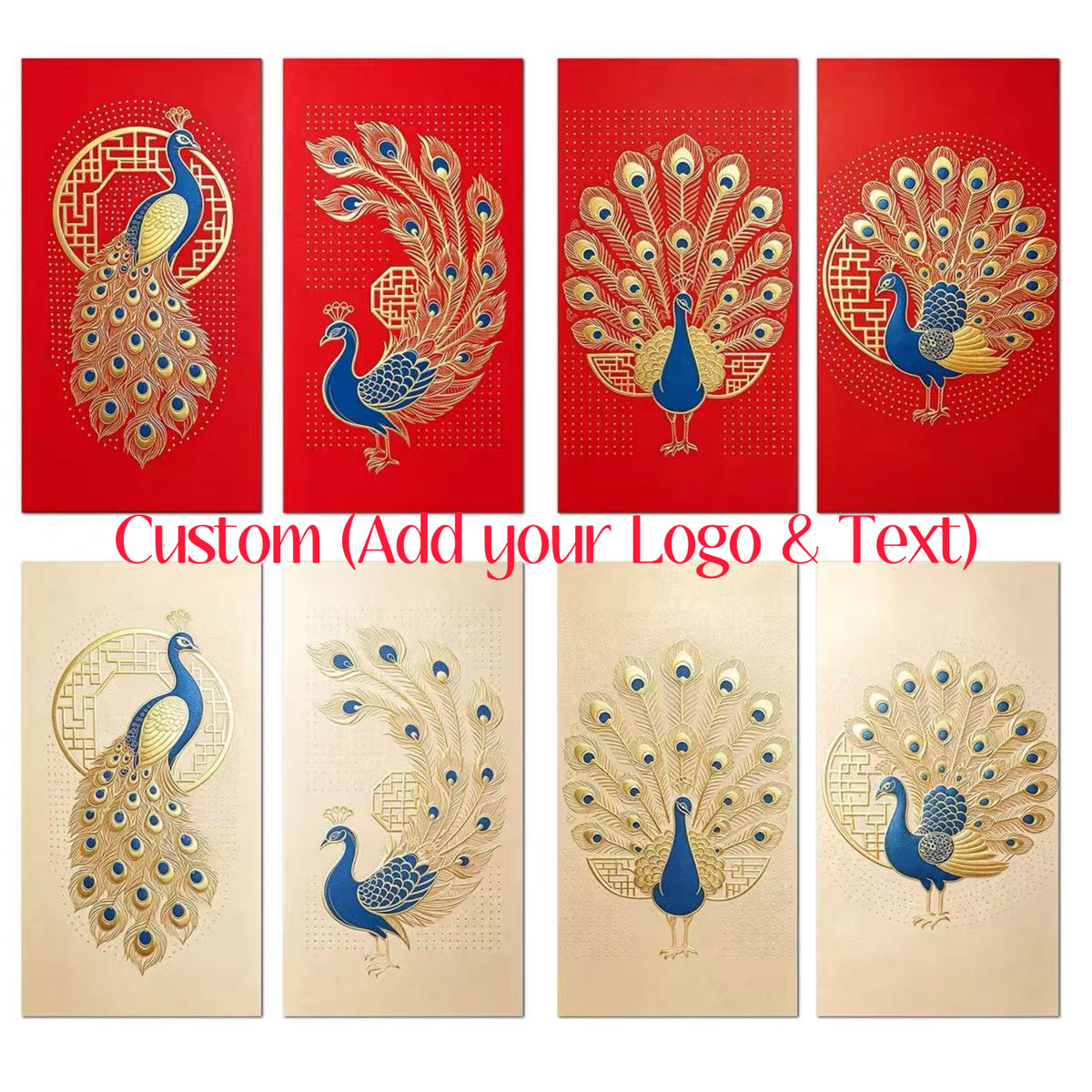 Pack of 16pcs Gold Foil The Regal Peacock Design Concept Red Envelope can be Customized New Year Lucky Money Gift Packet