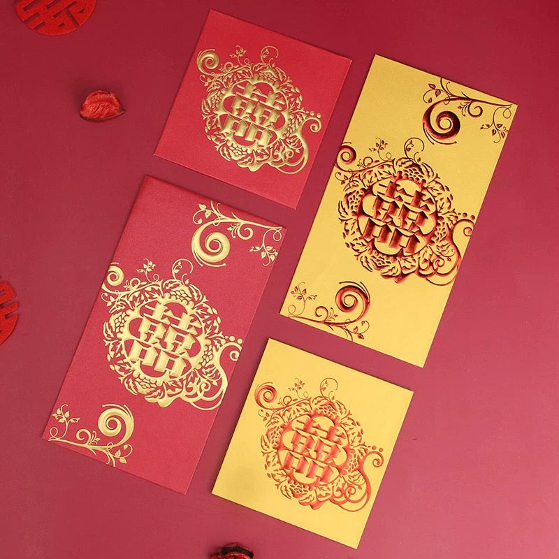 Pack of 50pcs High-end Double Happiness 囍 Gold Foil Wedding Red Envelope | Love Forever Lucky Money Gift Packet for Chinese New Year | Wedding Party | Event