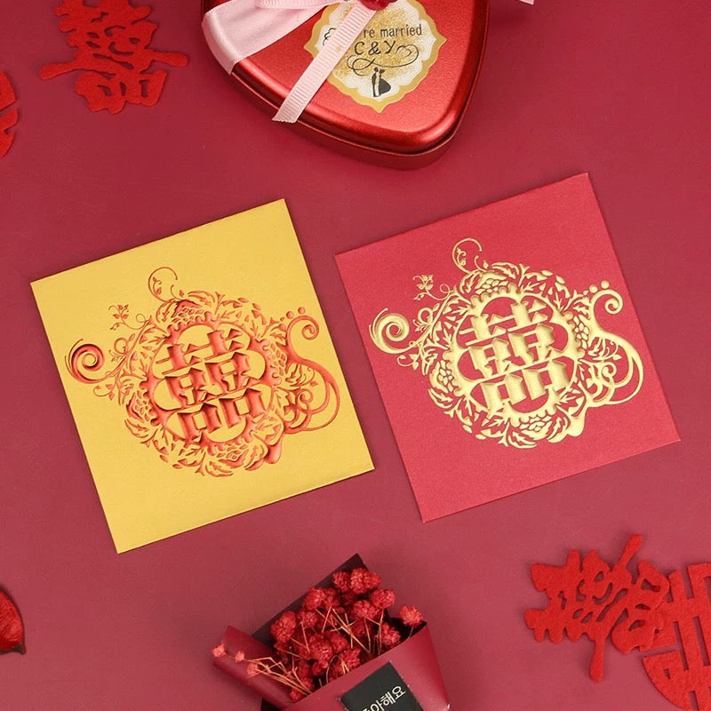 Pack of 50pcs High-end Double Happiness 囍 Gold Foil Wedding Red Envelope | Love Forever Lucky Money Gift Packet for Chinese New Year | Wedding Party | Event