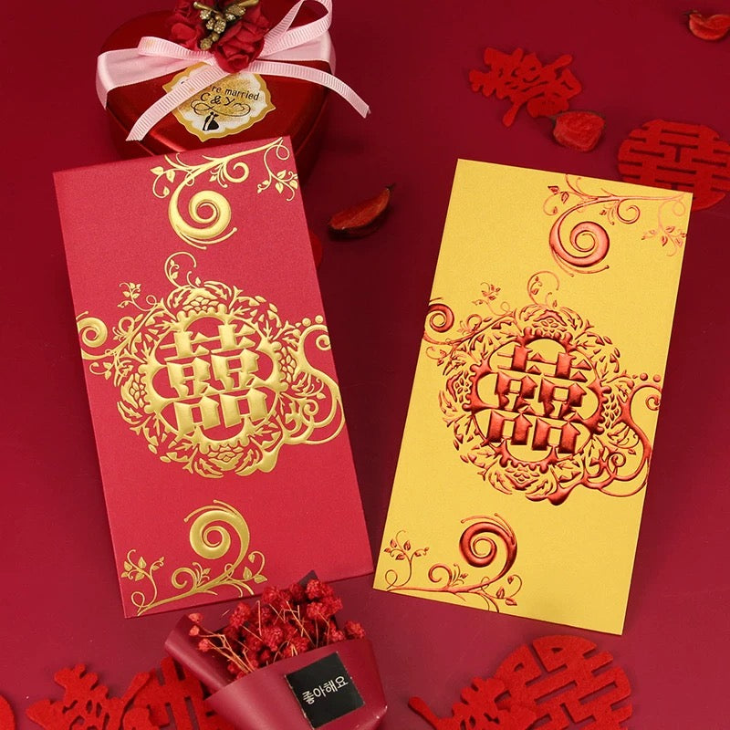 Pack of 50pcs High-end Double Happiness 囍 Gold Foil Wedding Red Envelope | Love Forever Lucky Money Gift Packet for Chinese New Year | Wedding Party | Event
