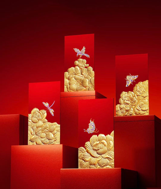 Custom (Add Logo & Text) High-end 200 Boxes Embossed Gold Foil Red Envelopes: 四季吉祥 Chinese New Year of the Horse Lucky Money Packets