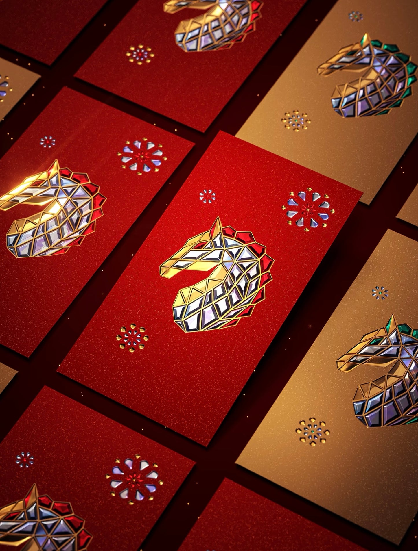 Custom (Add Logo & Text) High-end 20 Boxes Embossed Gold Foil Red Envelopes: 棱光赐福 Chinese New Year of the Horse Lucky Money Packets