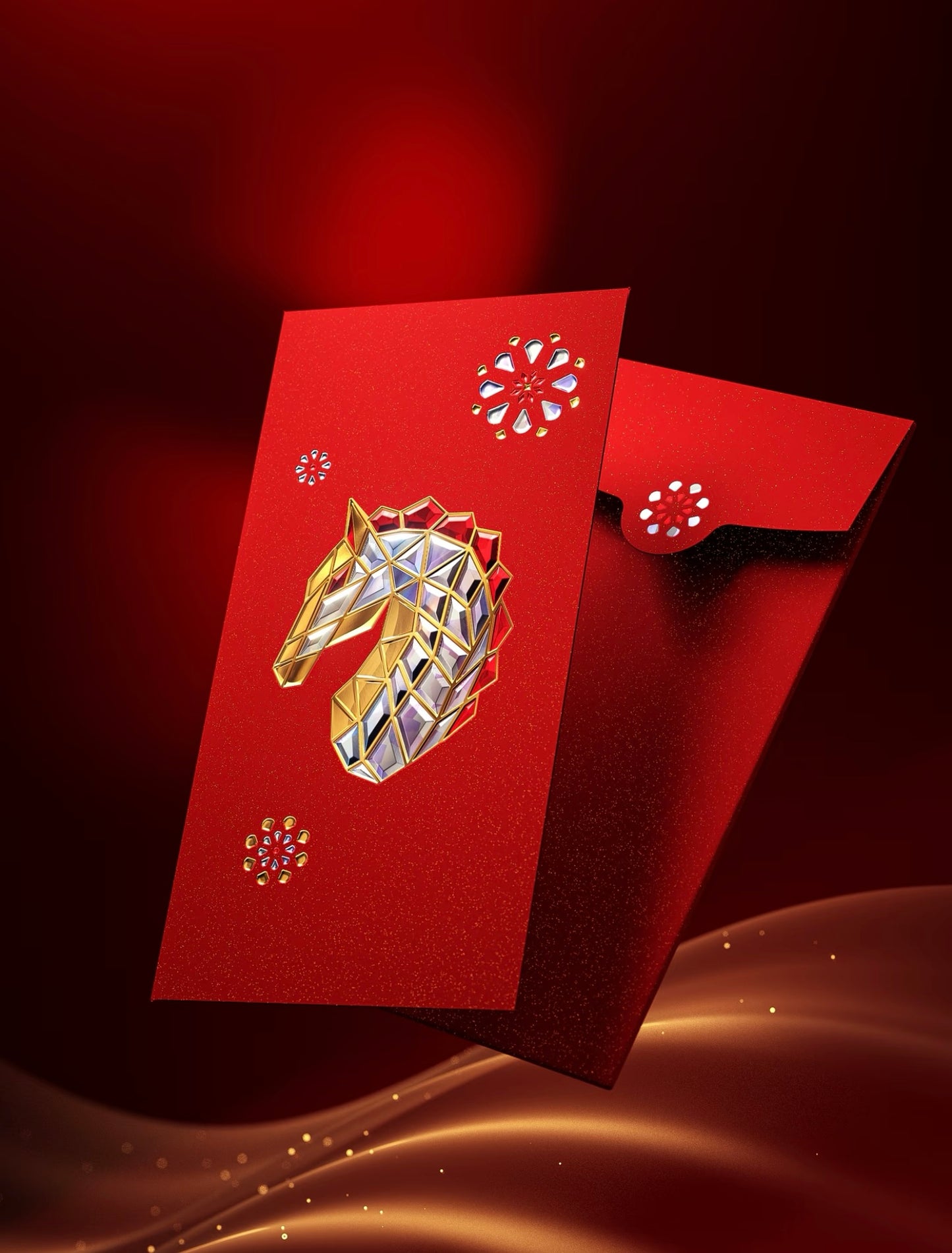 Custom (Add Logo & Text) High-end 20 Boxes Embossed Gold Foil Red Envelopes: 棱光赐福 Chinese New Year of the Horse Lucky Money Packets