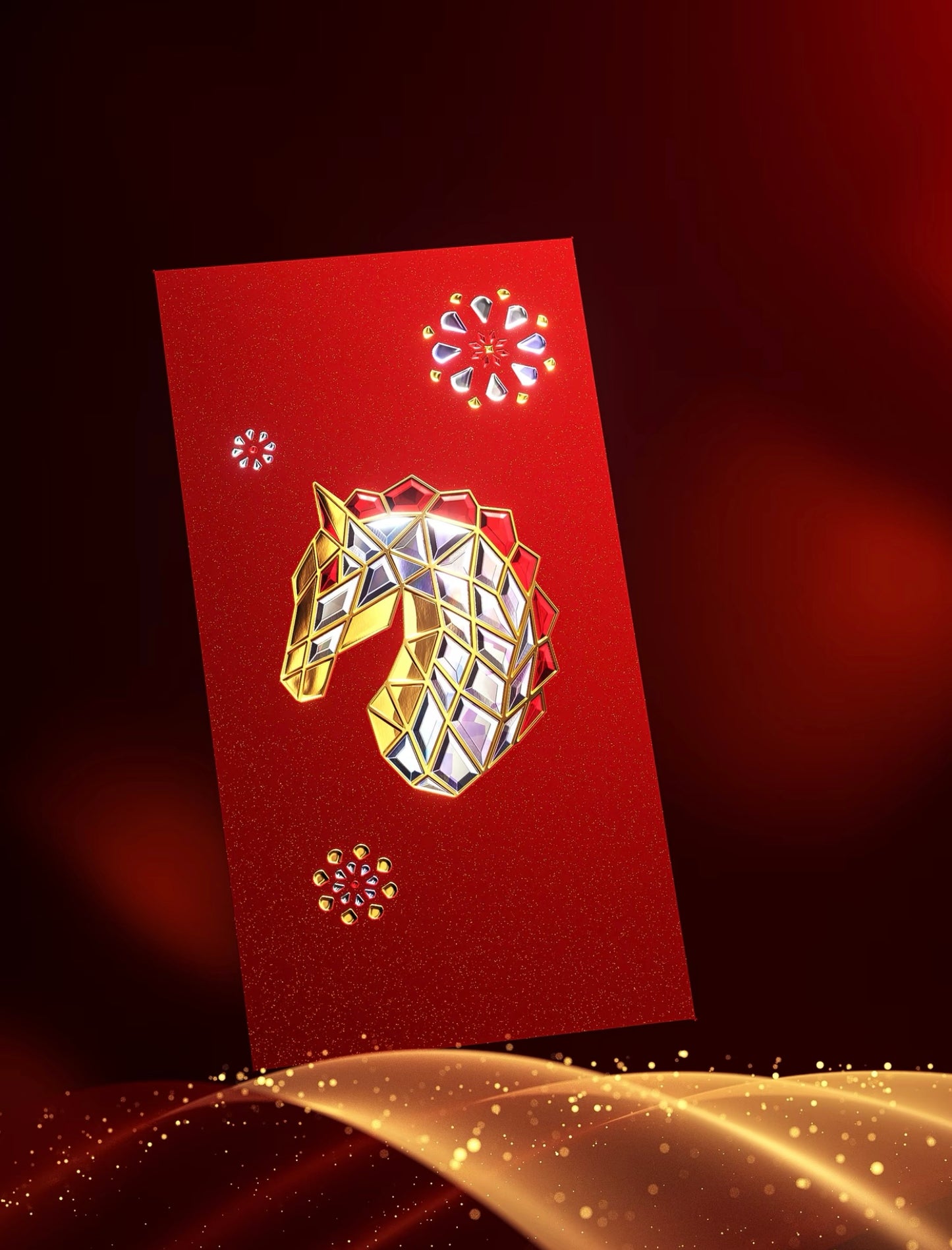 Custom (Add Logo & Text) High-end 20 Boxes Embossed Gold Foil Red Envelopes: 棱光赐福 Chinese New Year of the Horse Lucky Money Packets