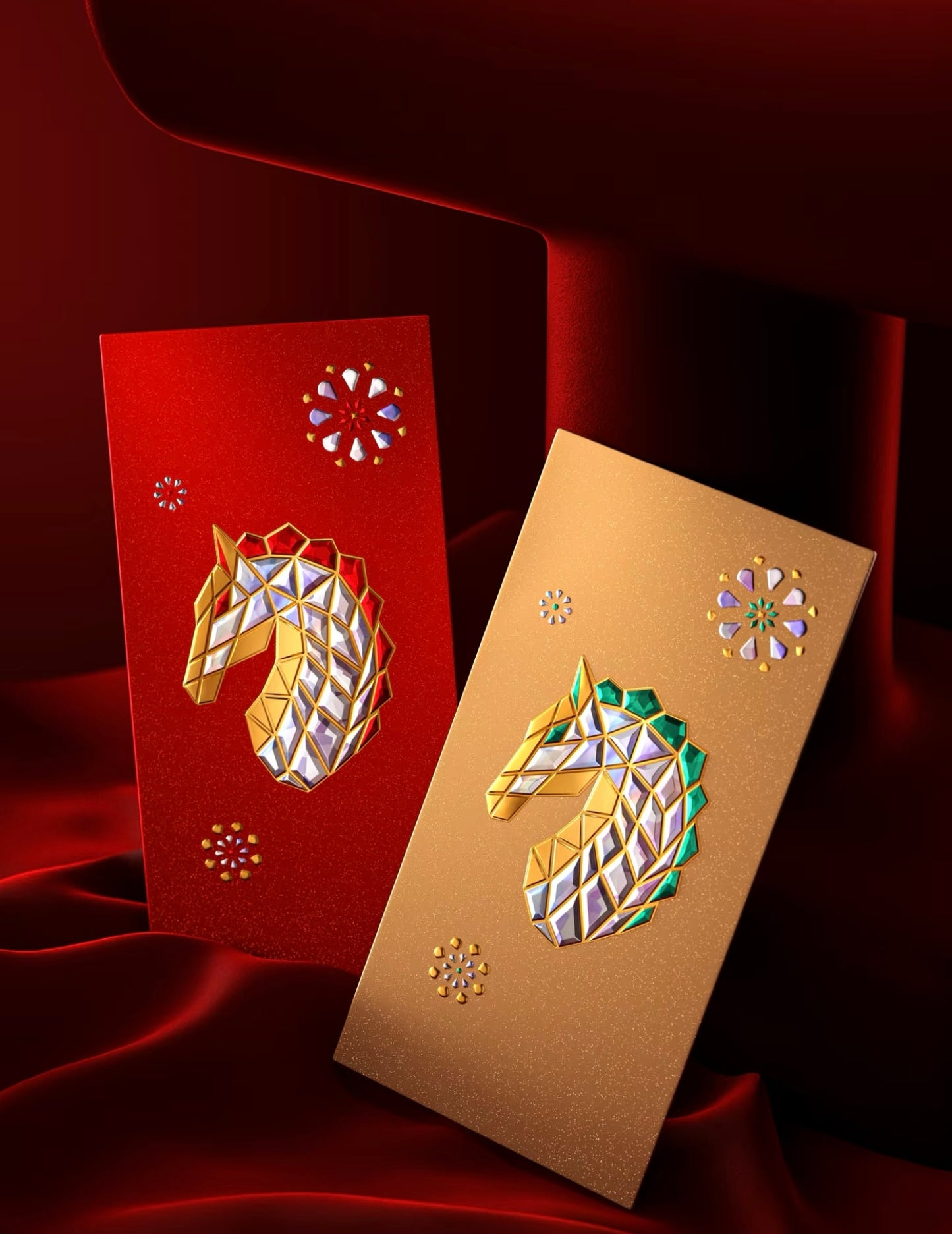 Custom (Add Logo & Text) High-end 20 Boxes Embossed Gold Foil Red Envelopes: 棱光赐福 Chinese New Year of the Horse Lucky Money Packets