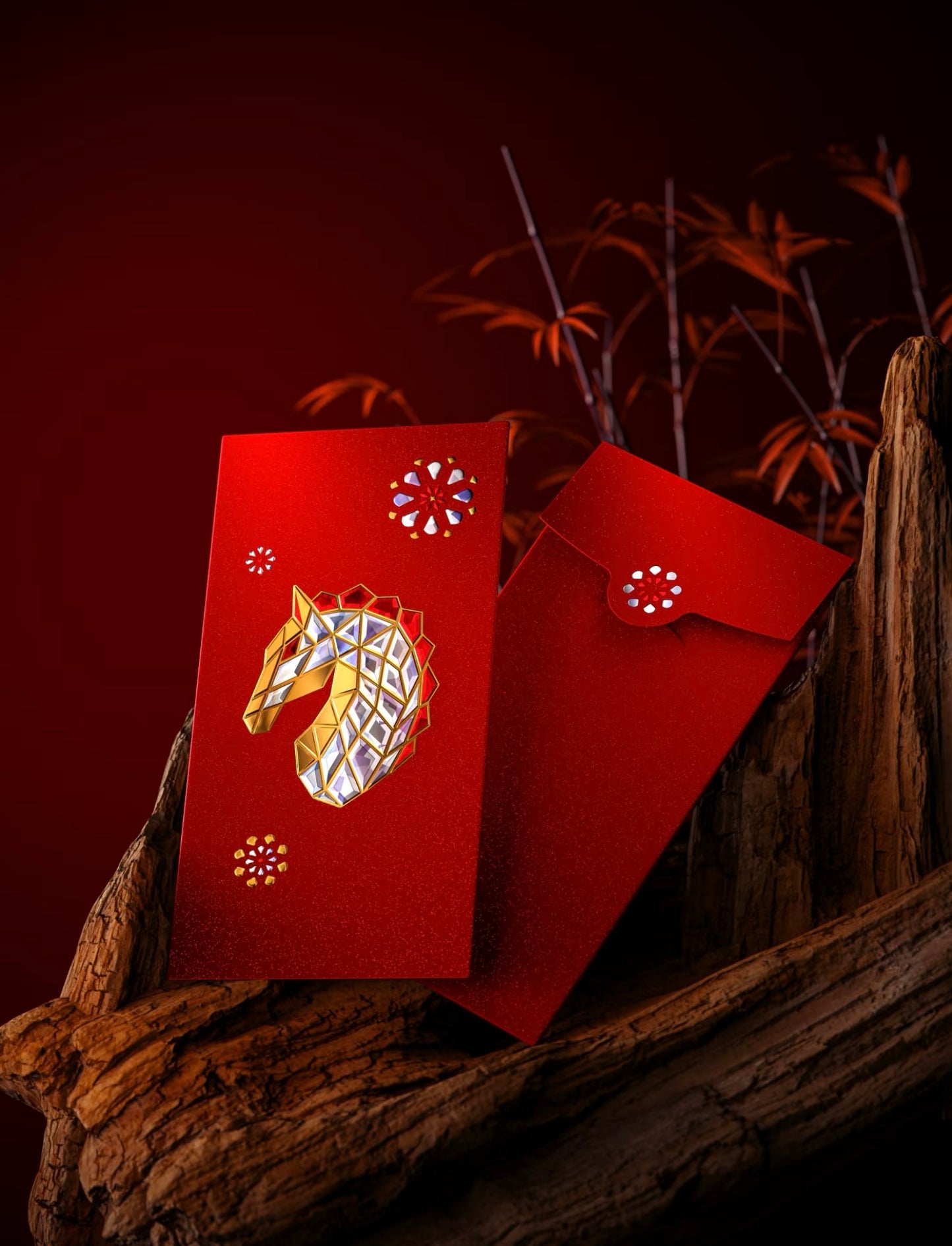 Custom (Add Logo & Text) High-end 20 Boxes Embossed Gold Foil Red Envelopes: 棱光赐福 Chinese New Year of the Horse Lucky Money Packets