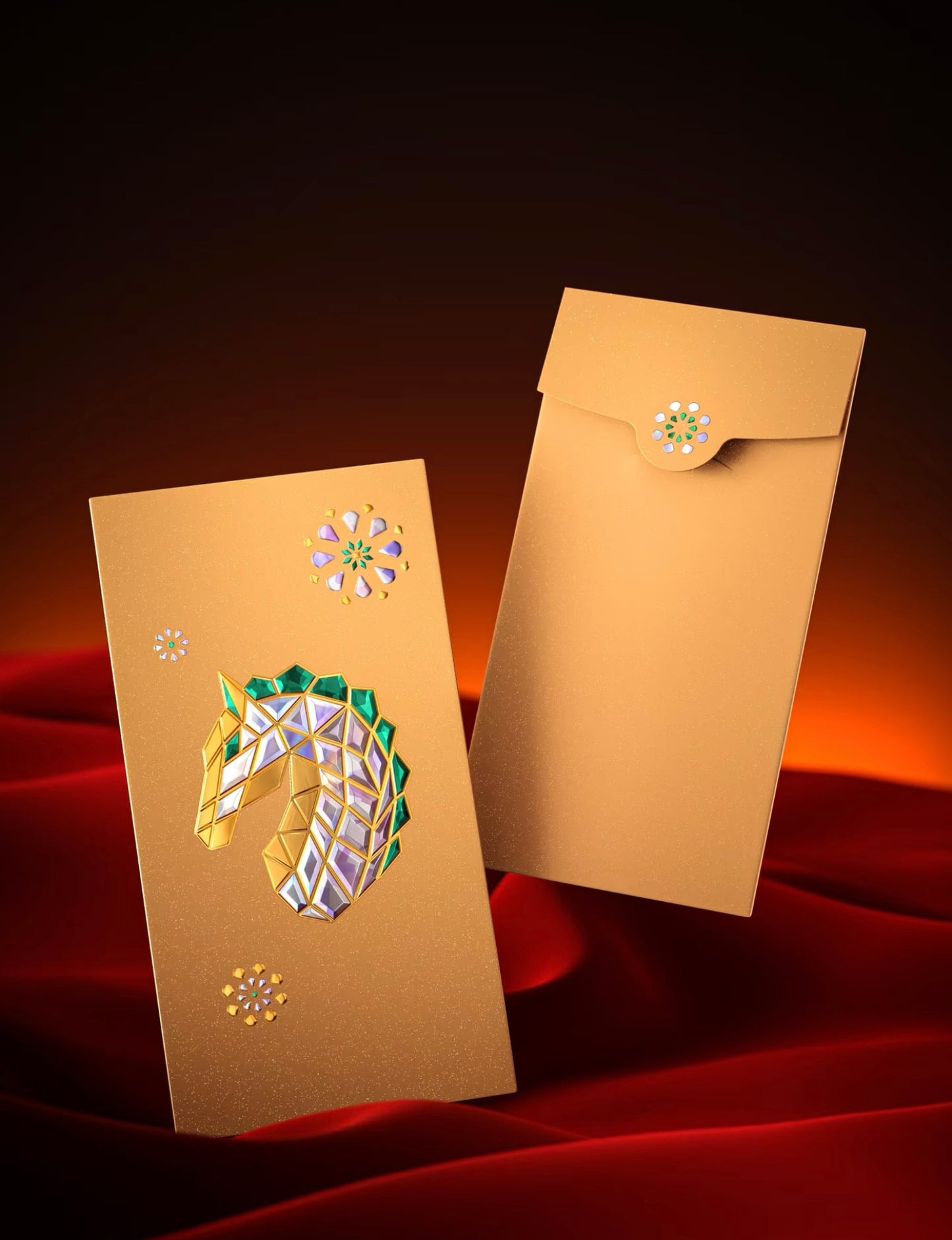 Custom (Add Logo & Text) High-end 20 Boxes Embossed Gold Foil Red Envelopes: 棱光赐福 Chinese New Year of the Horse Lucky Money Packets