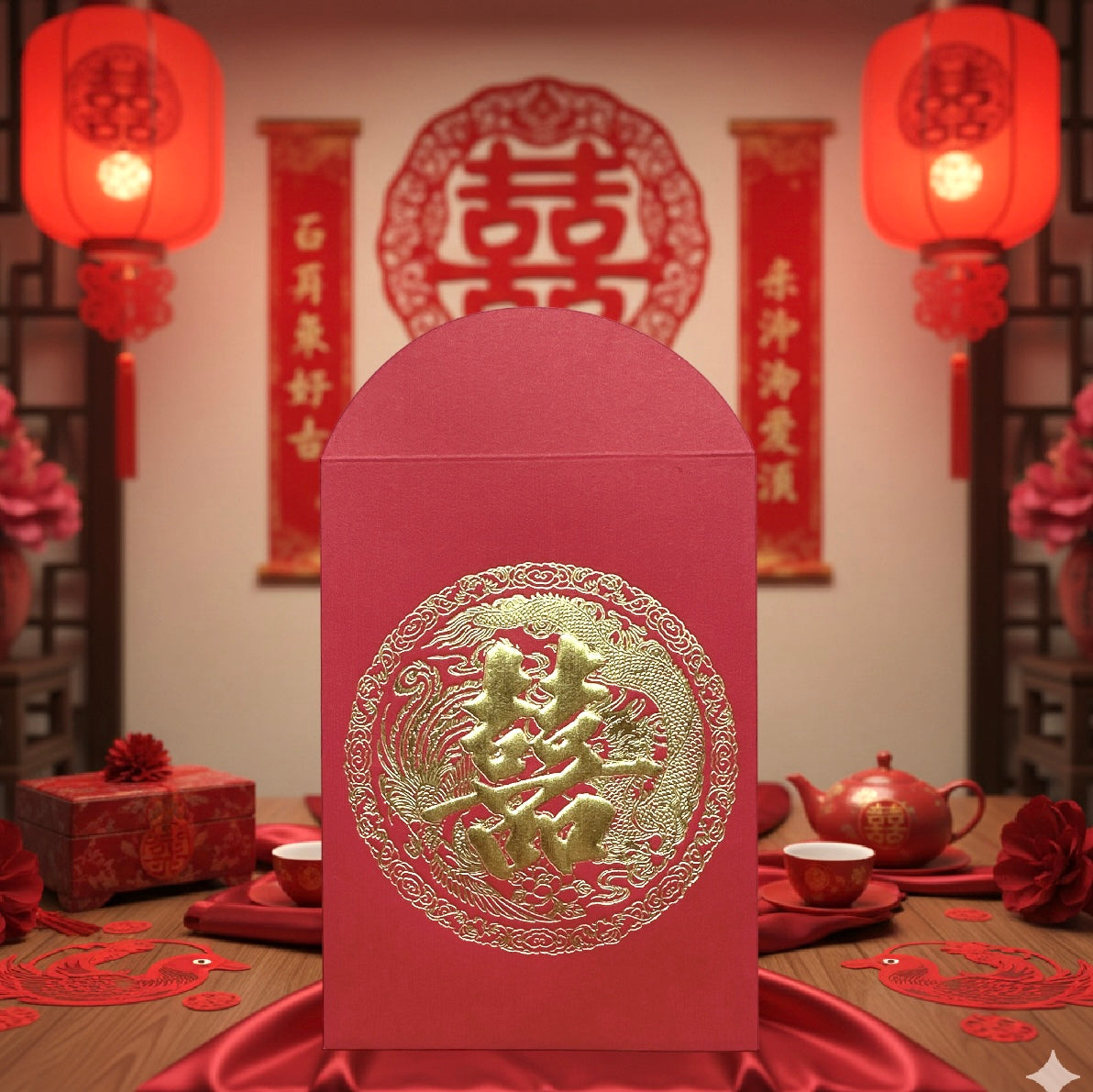 Pack of 20pcs Embossed 囍 Gold Foil Dragon and Phoenix Red Envelopes for New Year | Wedding | Bless Lucky Money Gift Packet