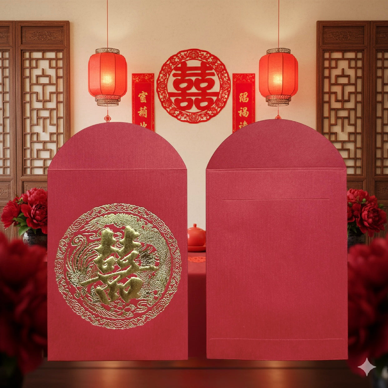Pack of 20pcs Embossed 囍 Gold Foil Dragon and Phoenix Red Envelopes for New Year | Wedding | Bless Lucky Money Gift Packet