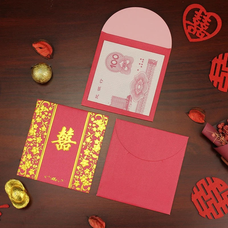 Pack of 50pcs Double Happiness Gold Foil 囍 Red Envelope Lucky Money Gift Packet for Wedding