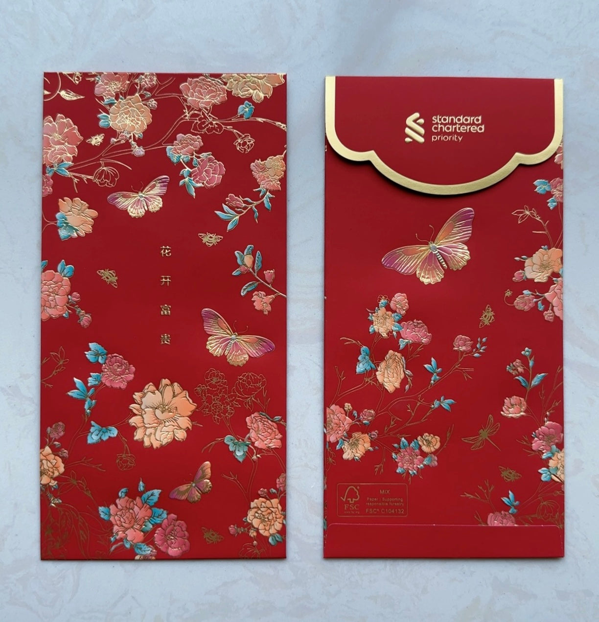 Pack of 20pcs High-end Designer Brand Standard Chartered Bank 花開富貴 New Year Lucky Money Blossoms Red Envelopes
