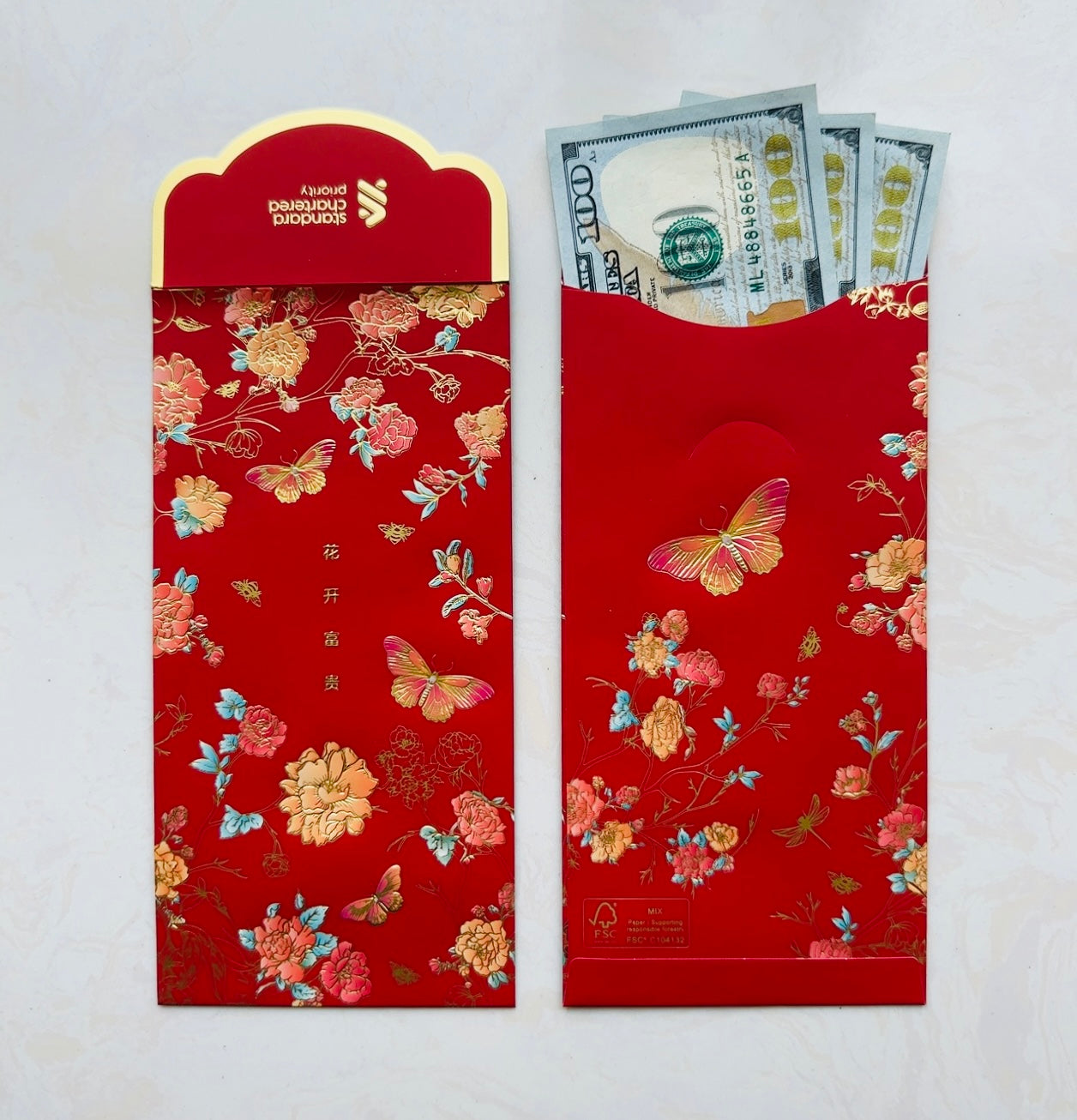 Pack of 20pcs High-end Designer Brand Standard Chartered Bank 花開富貴 New Year Lucky Money Blossoms Red Envelopes