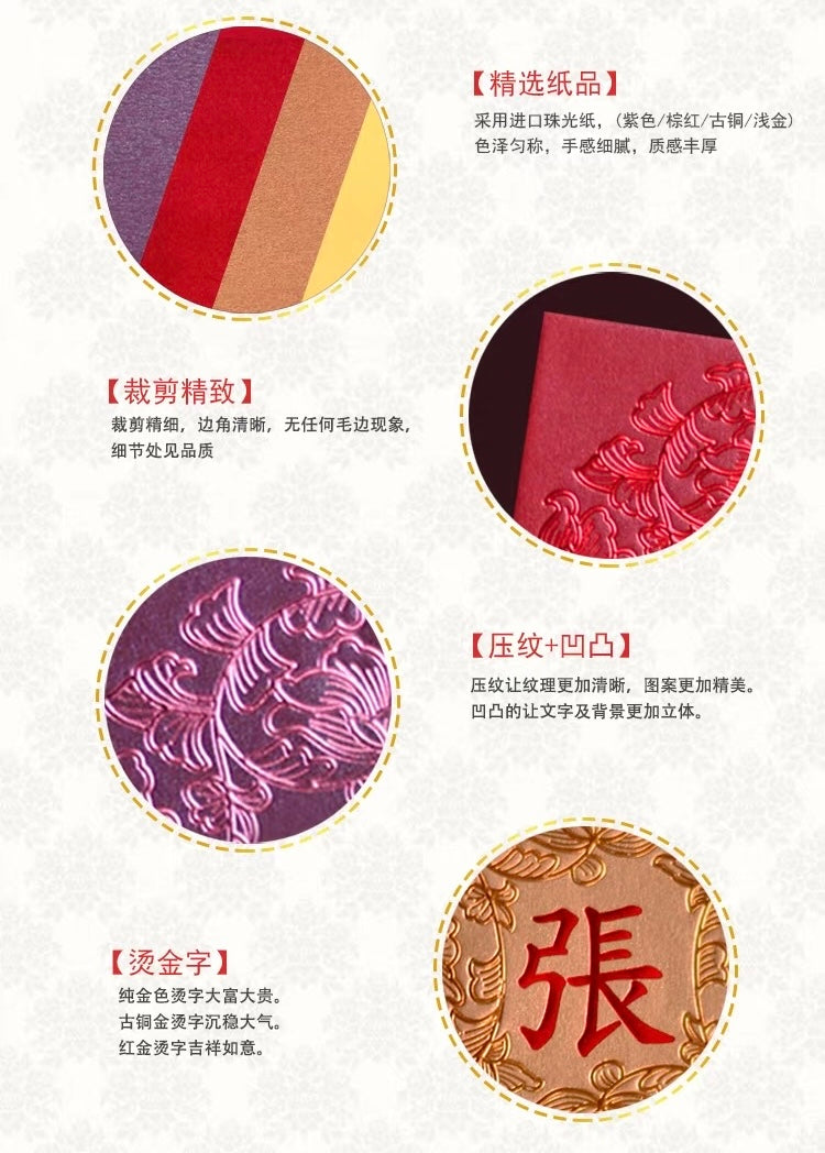 Pack of 50pcs Custom Hong Kong Surnames Luxe Red Envelopes Chinese New Year Lucky Money Gift Packet for Wedding | Party | Event