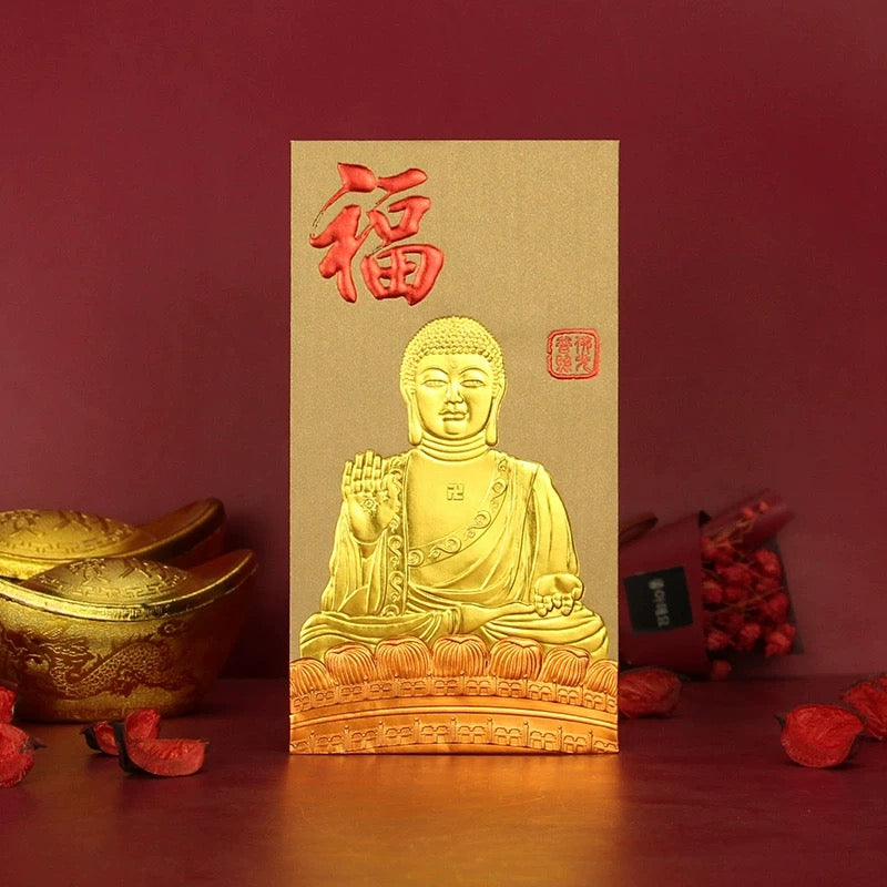 Pack of 16pcs High-end Gold Foiled 福 Blessings of Buddha Amitabha Buddhist Temple Red Envelopes Lucky Money Gift Packet Chinese New Year