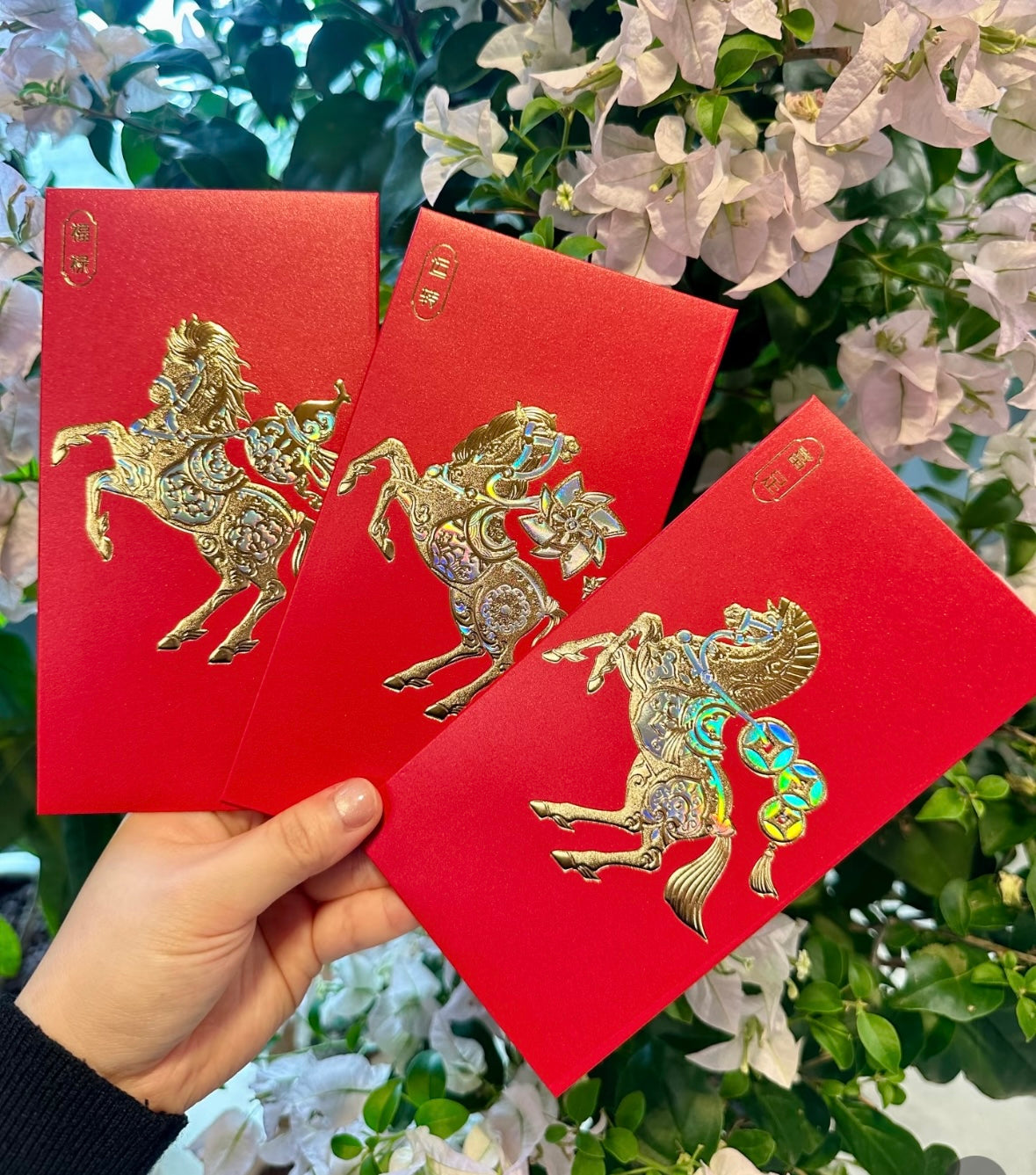 Custom (Add Logo & Text) High-end 200 Boxes Embossed Gold Foil Red Envelopes: 馬上添喜 Chinese New Year of the Horse Lucky Money Packets