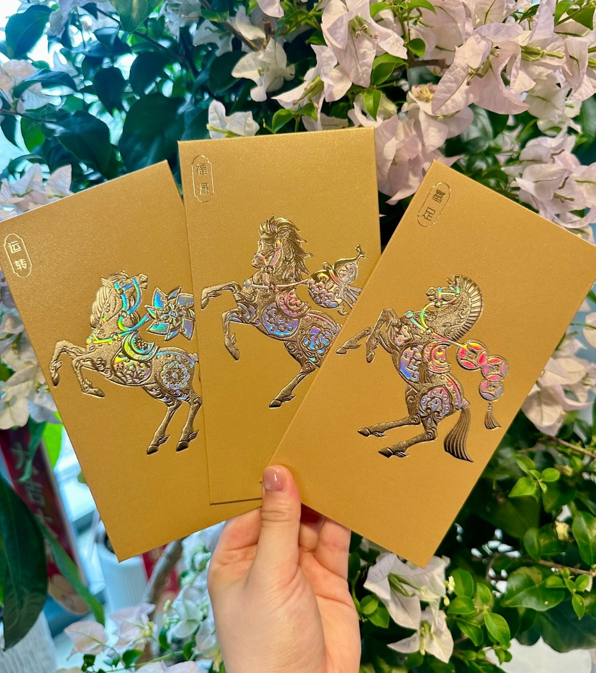 Custom (Add Logo & Text) High-end 200 Boxes Embossed Gold Foil Red Envelopes: 馬上添喜 Chinese New Year of the Horse Lucky Money Packets