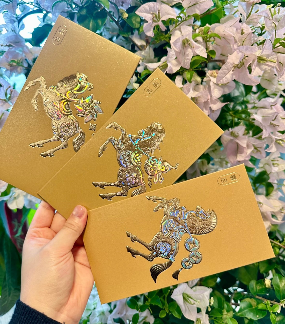 Custom (Add Logo & Text) High-end 200 Boxes Embossed Gold Foil Red Envelopes: 馬上添喜 Chinese New Year of the Horse Lucky Money Packets