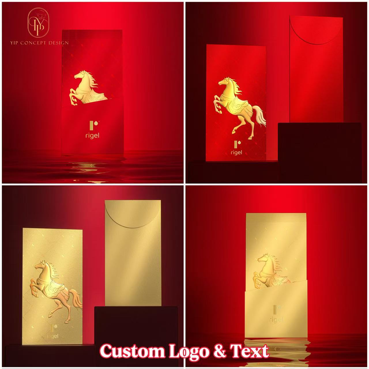Year of the Horse Red Envelopes: Gold Foil Lucky Money Gift (Pack of 8pcs) can be customized (Add Logo & Text)