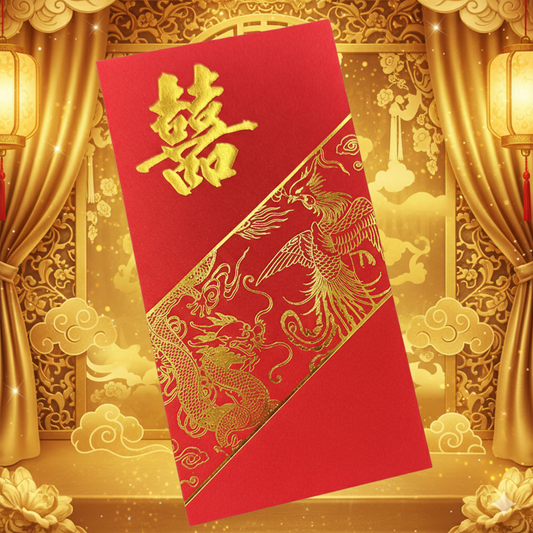 Pack of 20pcs Embossed 囍 Gold Foil Dragon and Phoenix Red Envelopes for New Year | Wedding | Bless Lucky Money Gift Packet